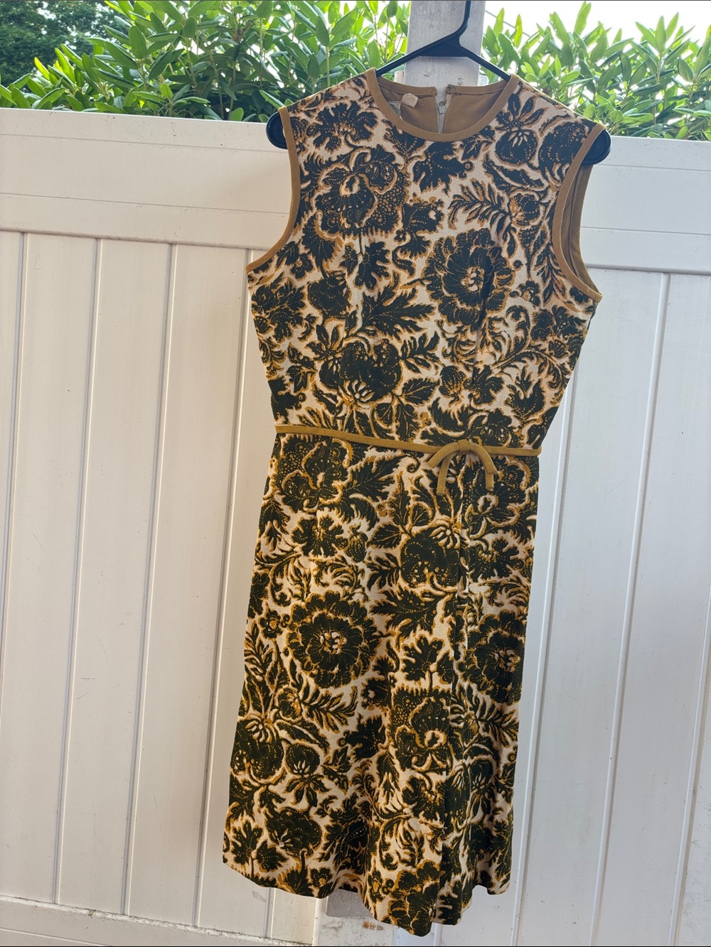 Vintage Sue Brett cream base olive and yellow  Floral dress mustard trim
